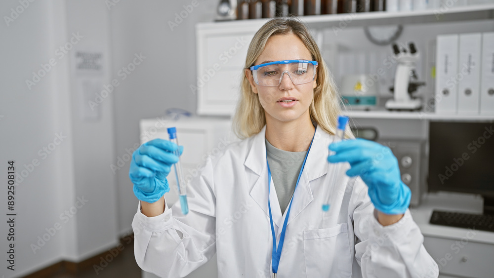 A young woman scientist analyzes samples in a modern laboratory setting, portraying professionalism and focus. A young woman scientist analyzes samples in a modern laboratory setting, portraying professionalism and focus.