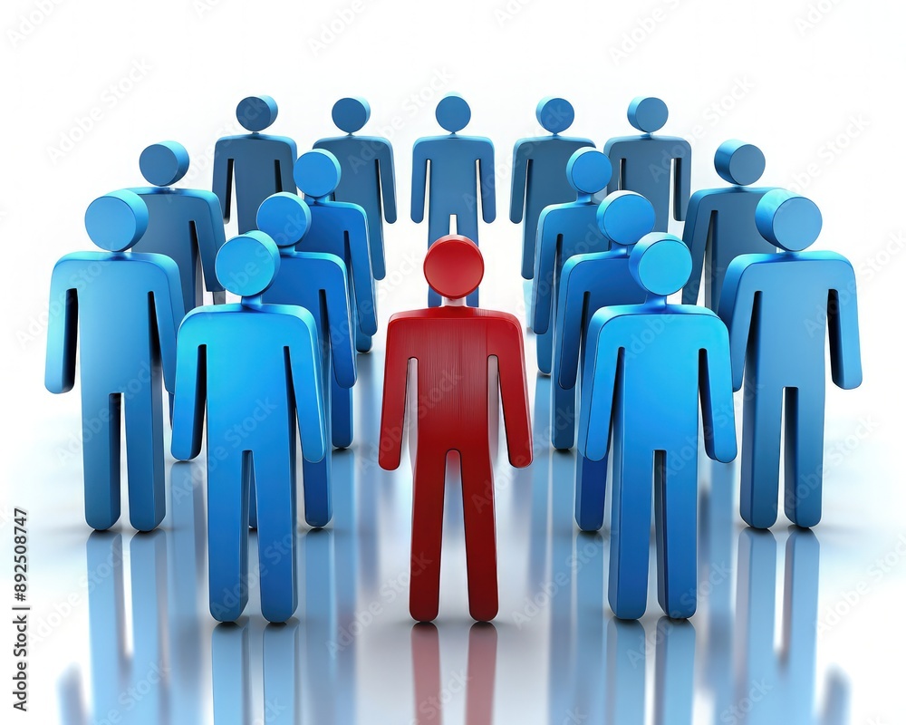 Red Leader Standing Out Among Blue Abstract People in a Circle. Generative AI Red Leader Standing Out Among Blue Abstract People in a Circle. Generative AI