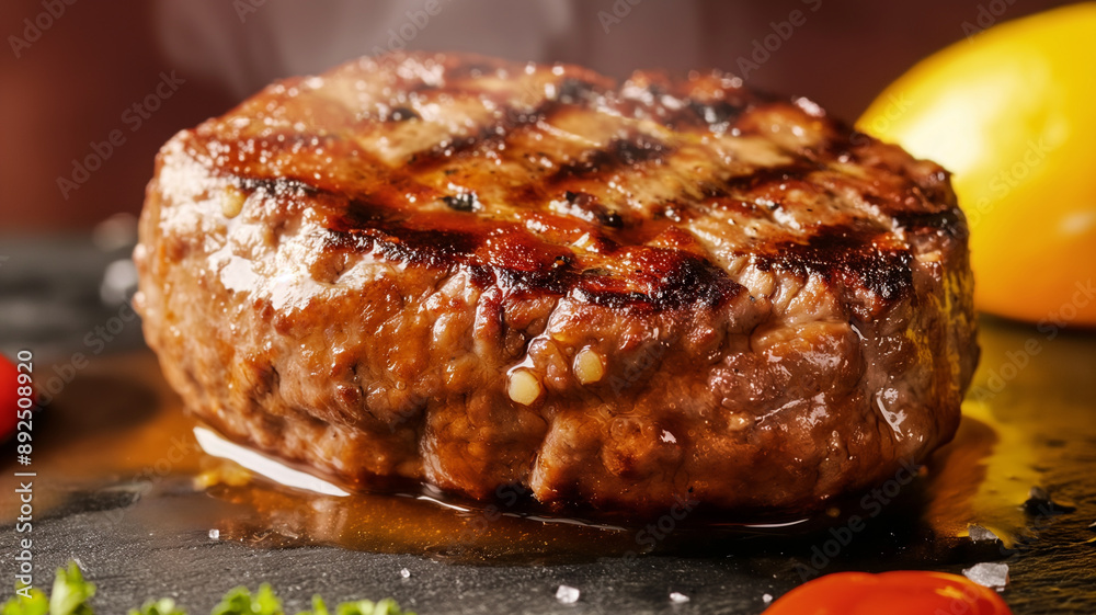 Grilled Beef Patty on Slate Surface Grilled Beef Patty on Slate Surface
