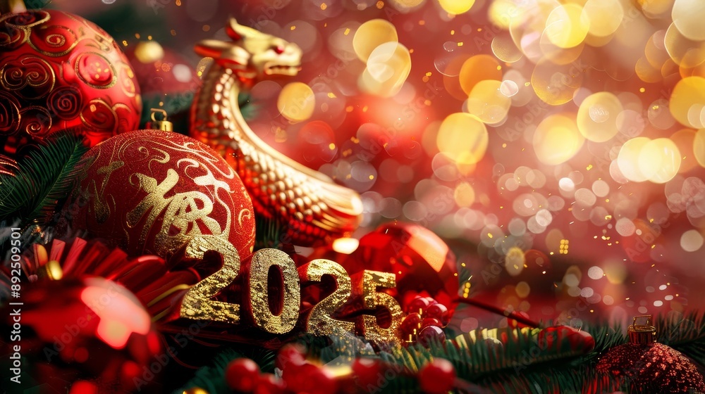 Fototapeta premium A green snake is on a green background with red roses. New Year's Eve 2025.