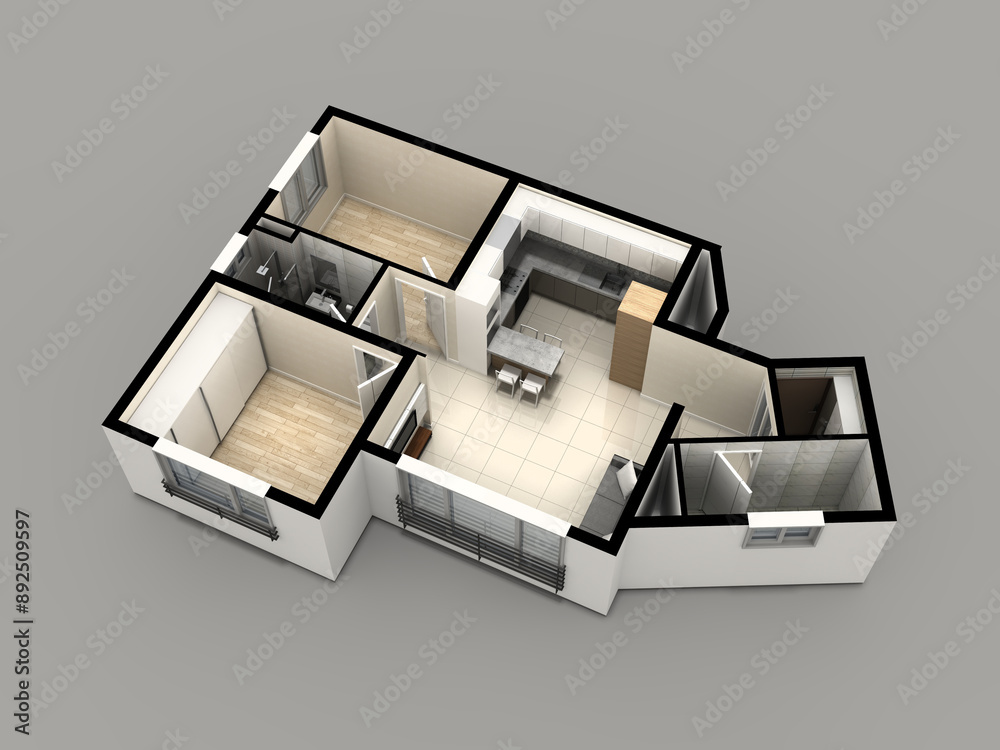 Obraz premium 3d isomatric rendering three rooms gray background