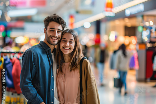 A young beautiful couple smiles for the camera as they shop in a busy mall. Shallow depth of field