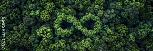 Aerial view of a forest with trees forming a infinity sign. Wide banner