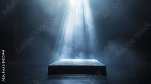 An empty rectangular platform illuminated by a spotlight in a dark smoky room. Mock up