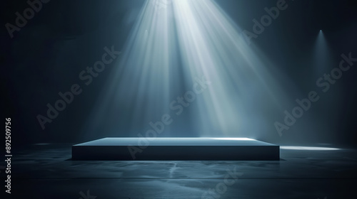 An empty rectangular platform illuminated by a spotlight in a dark smoky room. Mock up
