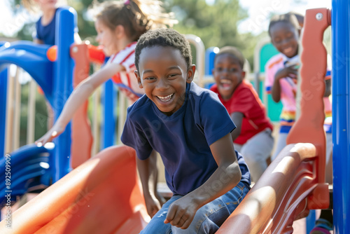 African american young boy smiles as he sits on a playground slide with other children playing around him