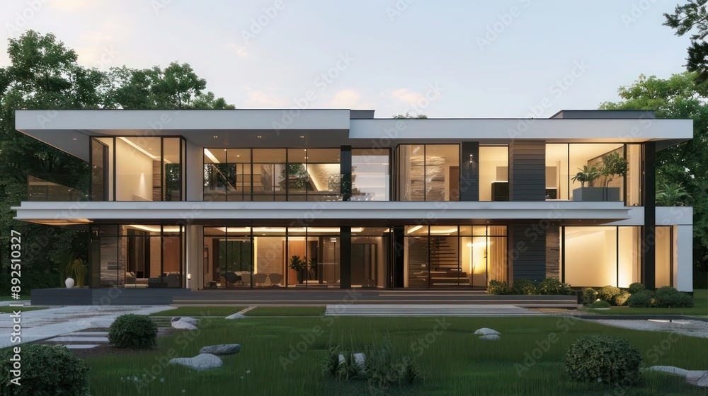 Modern suburban home with a sleek, minimalist facade, featuring expansive windows and a large front yard Modern suburban home with a sleek, minimalist facade, featuring expansive windows and a large front yard