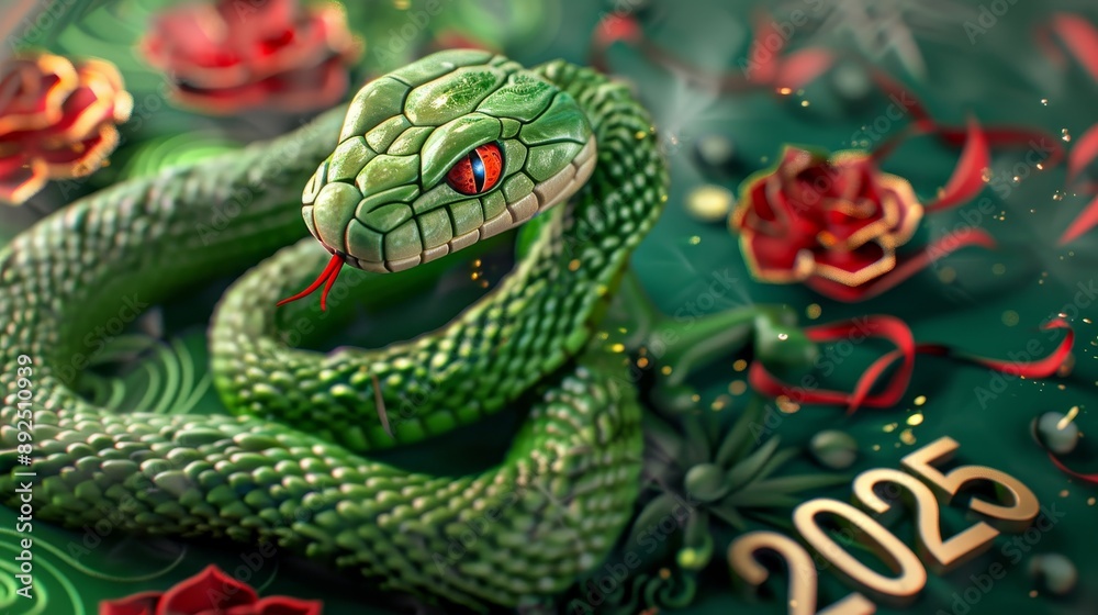 A green snake is on a green background with red roses. New Year's Eve 2025. A green snake is on a green background with red roses. New Year's Eve 2025.