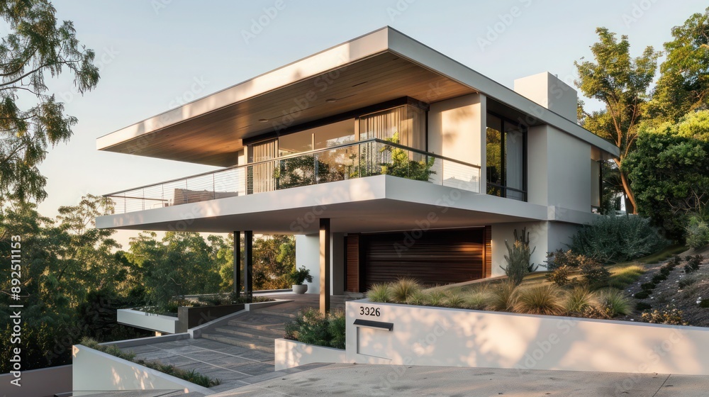 Modern suburban home with a clean, minimalist design, featuring an elevated porch and a hidden driveway Modern suburban home with a clean, minimalist design, featuring an elevated porch and a hidden driveway
