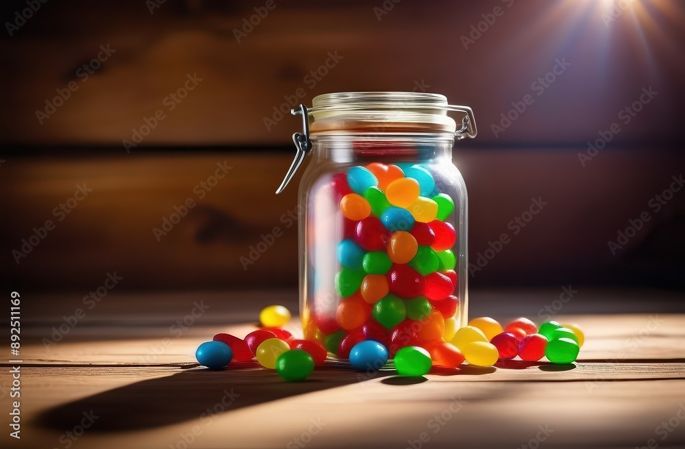 Multi-colored candies, marmalades in a transparent jar with a lid on a wooden brown table Multi-colored candies, marmalades in a transparent jar with a lid on a wooden brown table