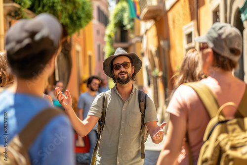 Male tourist guide showing European city to the group of tourists