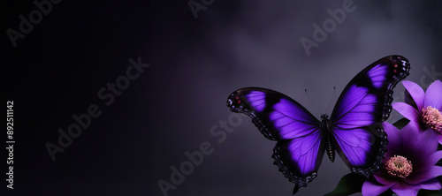 Purple, violet butterfly on a purple flower on a dark background.