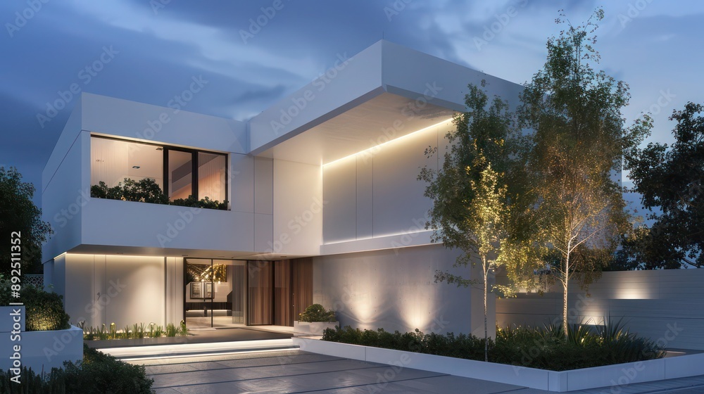 Modern suburban home with a clean, minimalist design, featuring a white facade and integrated outdoor lighting Modern suburban home with a clean, minimalist design, featuring a white facade and integrated outdoor lighting