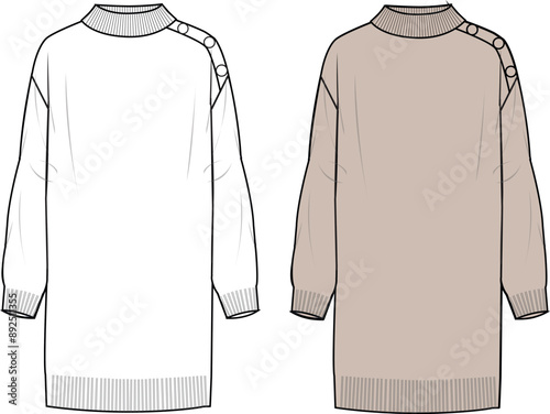 Women's Button Shoulder Knit Dress. Technical fashion illustration. Front, white and beige color. Women's CAD mock-up.