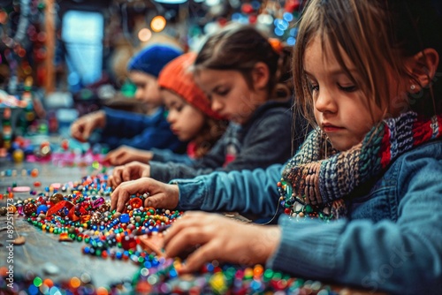 a group of children playing with beads on a table