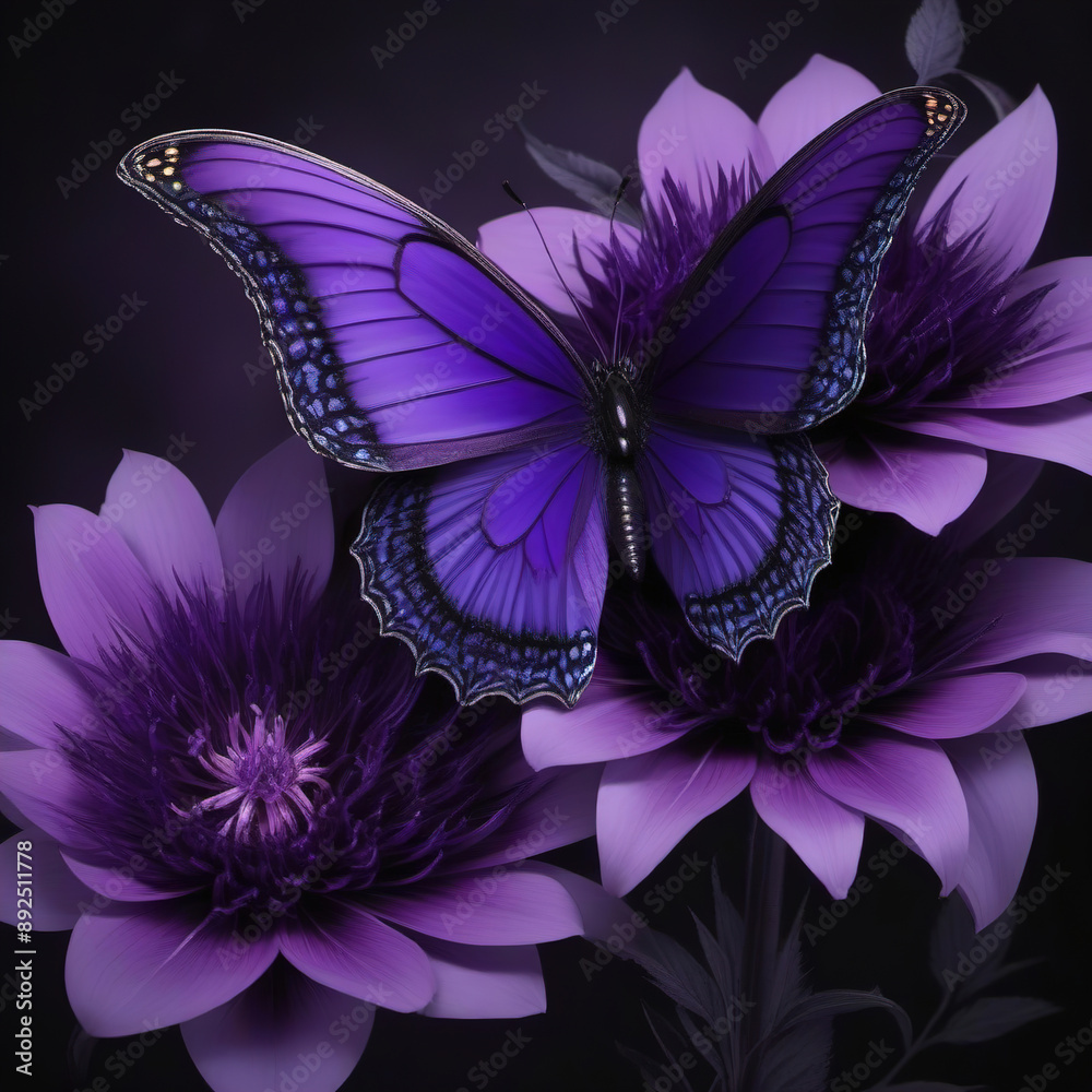 Purple, violet butterfly and flower on black background. Purple, violet butterfly and flower on black background.