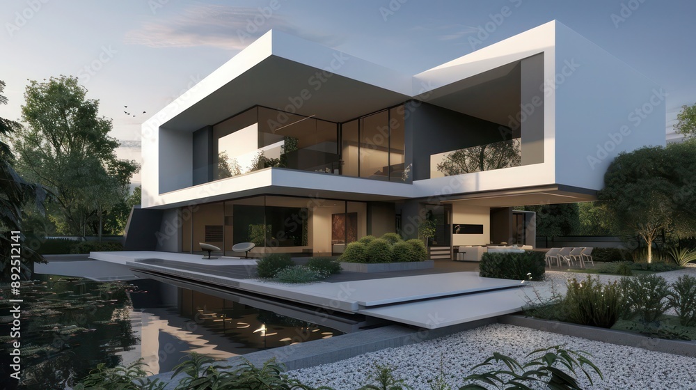 Fototapeta premium Modern suburban home with a minimalist exterior, featuring sharp architectural angles and a tranquil pond