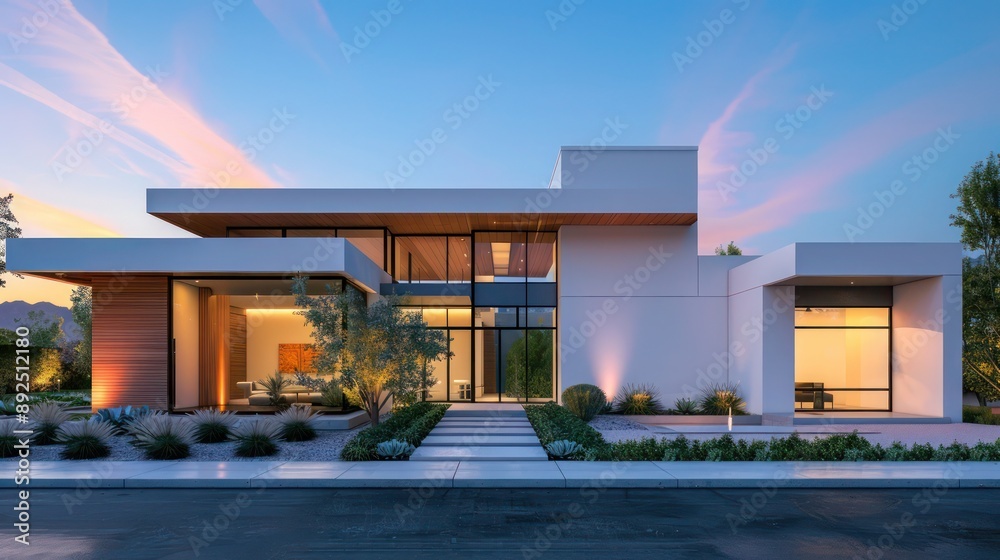 Modern suburban home with a minimalist exterior, featuring clean lines, a flat roof, and understated landscaping Modern suburban home with a minimalist exterior, featuring clean lines, a flat roof, and understated landscaping