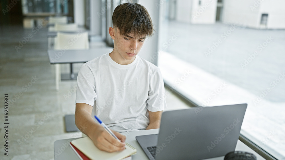 Caucasian teen boy studying with laptop and notebook in a university library.