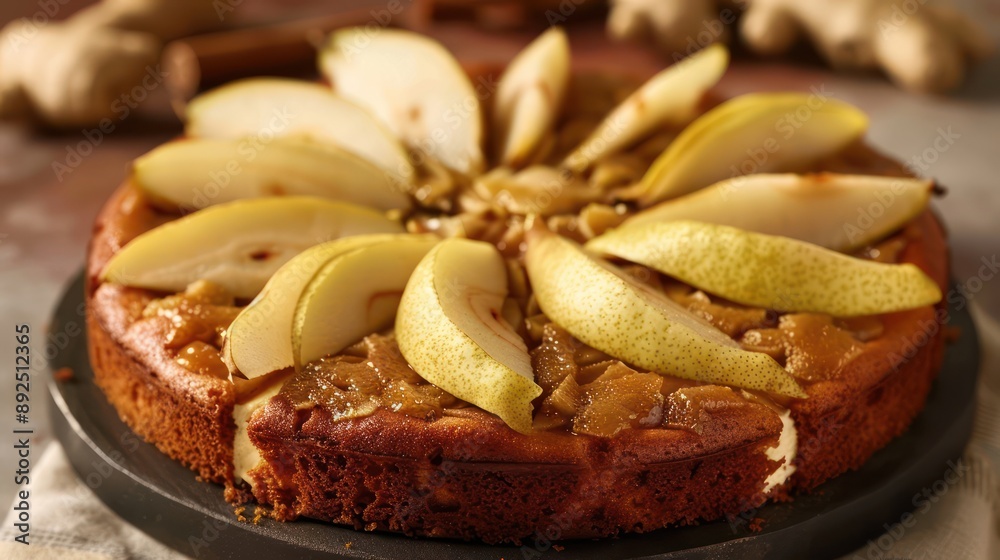 gourmet ginger and pear cake with sliced pear topping on a soft ginger background, sophisticated and perfect for elegant text gourmet ginger and pear cake with sliced pear topping on a soft ginger background, sophisticated and perfect for elegant text