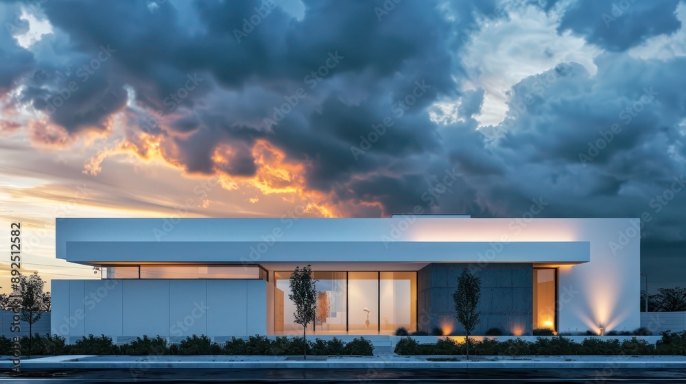 Modern suburban home with a clean, minimalist design, featuring a white facade and discreet lighting, under a cloudy sky