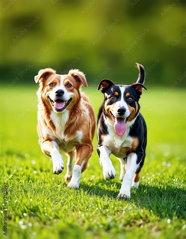 Friendly Dogs Running in a Field of Green Grass Friendly Dogs Running in a Field of Green Grass