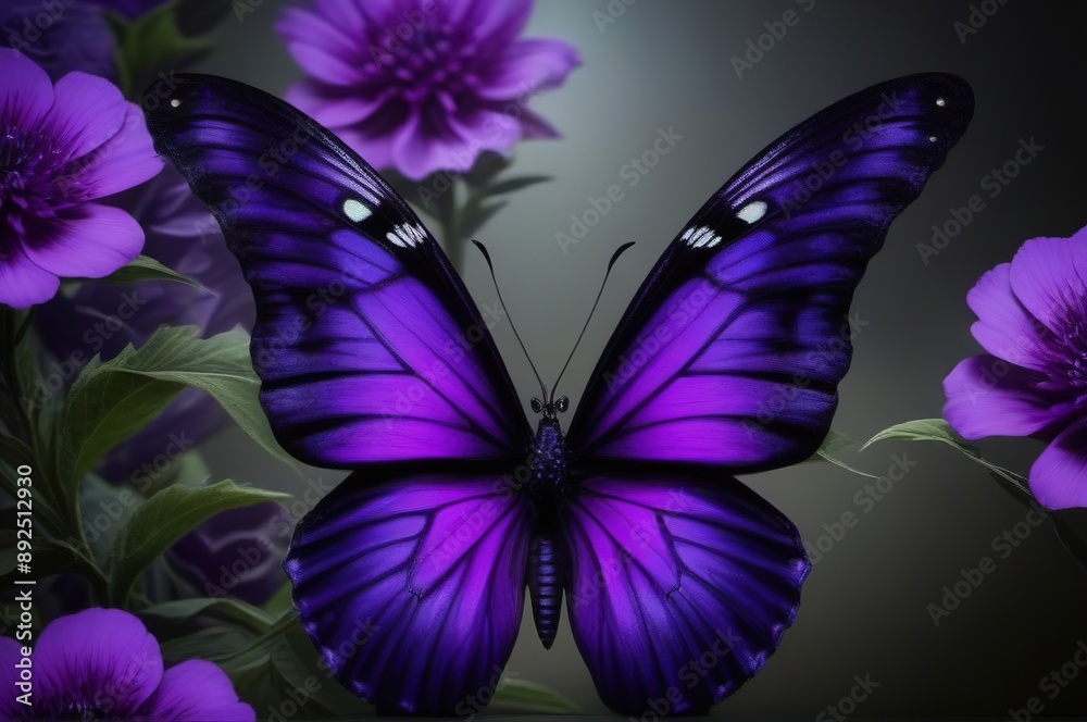 Violet butterfly with purple flowers on a dark background. Violet butterfly with purple flowers on a dark background.