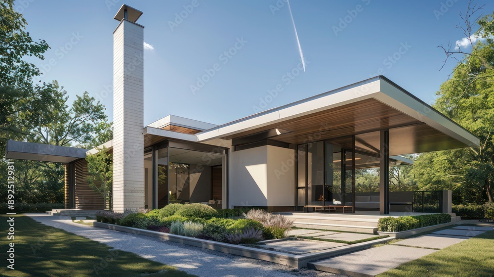 Modern suburban home with a focus on clean lines and minimalistic design, featuring a prominent chimney and subtle landscaping Modern suburban home with a focus on clean lines and minimalistic design, featuring a prominent chimney and subtle landscaping