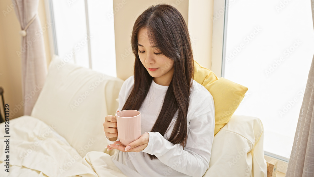 A serene chinese woman enjoys a quiet morning with a pink mug in a cozy bedroom interior, exuding tranquility and home comfort. A serene chinese woman enjoys a quiet morning with a pink mug in a cozy bedroom interior, exuding tranquility and home comfort.