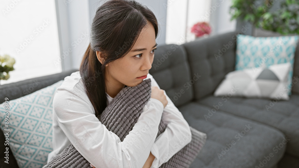 A contemplative young asian woman sits indoors on a grey sofa with decorative pillows, portraying a casual and reflective moment at home. A contemplative young asian woman sits indoors on a grey sofa with decorative pillows, portraying a casual and reflective moment at home.