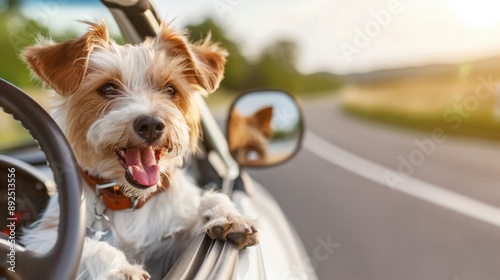 A happy dog with a collar, sticking its head out of a moving car window, blissfully enjoying the wind and scenic views along a curvy open road on a sunny day.