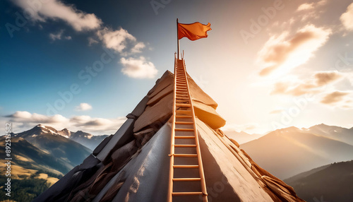 Ambition and aspirations, featuring symbols like a ladder, a flag at the top of a mountain, and upward arrows symbolizing goals, determination, and success.  photo