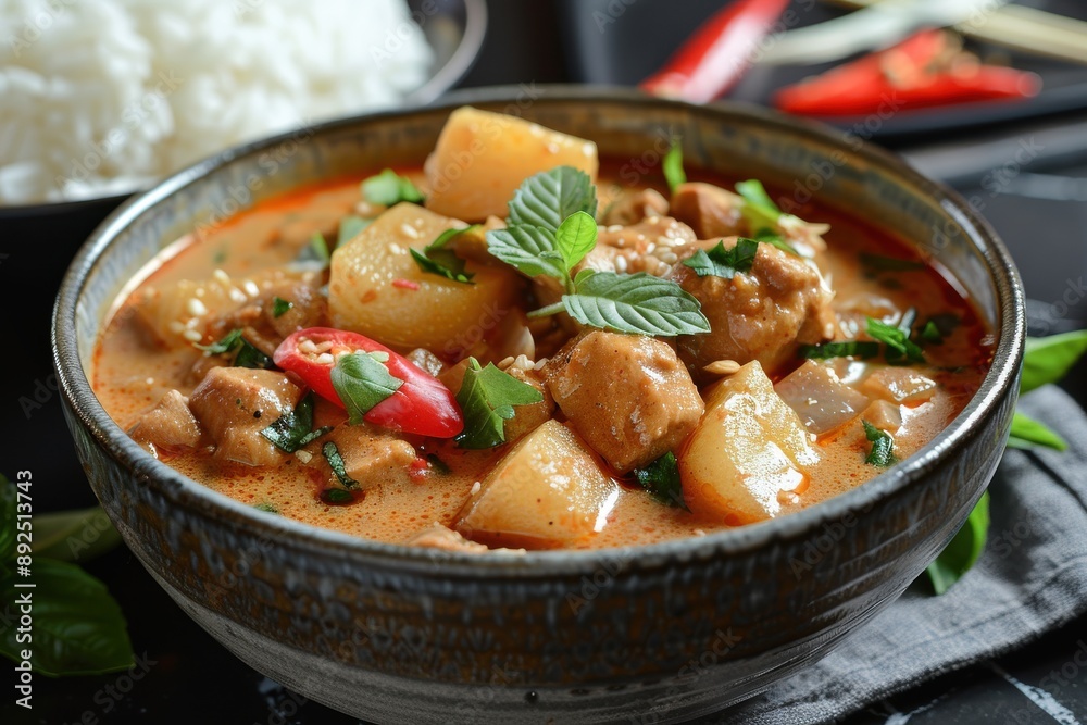 A hearty bowl of spicy Thai curry with potatoes and meat, garnished with herbs, served alongside a bowl of rice. A hearty bowl of spicy Thai curry with potatoes and meat, garnished with herbs, served alongside a bowl of rice.