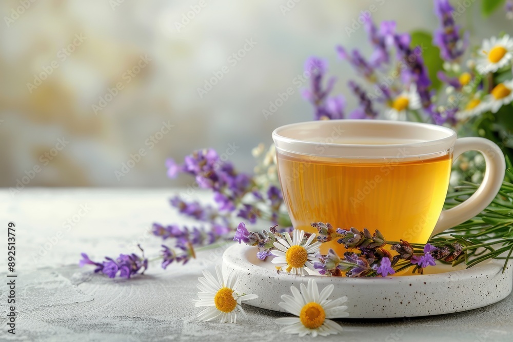 A serene setting featuring a cup of lavender and chamomile tea surrounded by fresh lavender and chamomile flowers, promoting relaxation. A serene setting featuring a cup of lavender and chamomile tea surrounded by fresh lavender and chamomile flowers, promoting relaxation.