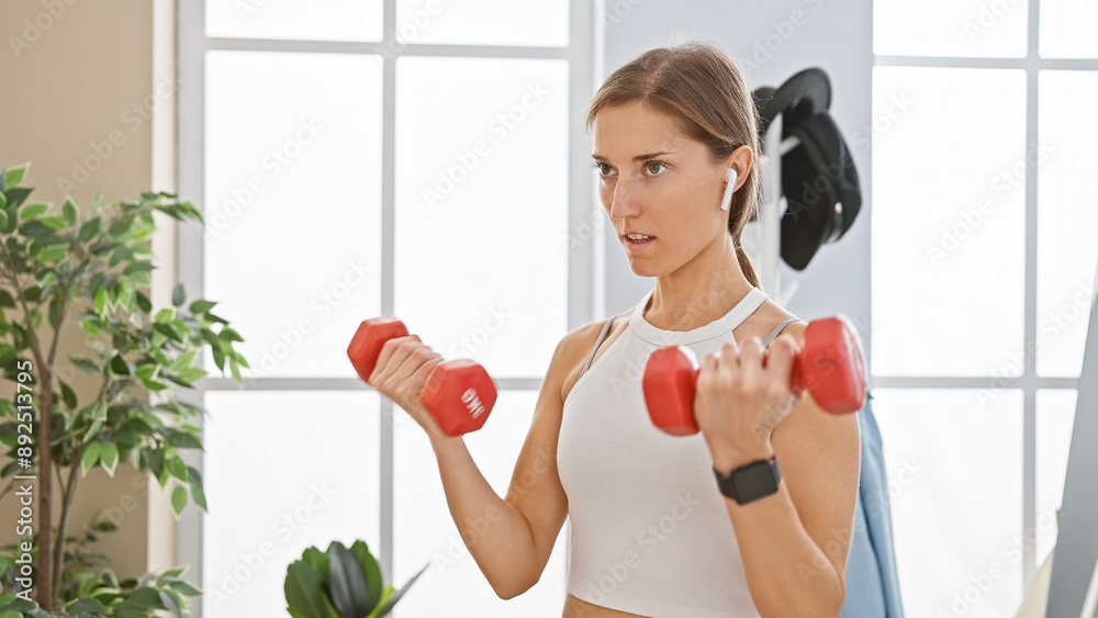 Focused young woman lifting dumbbells in a bright apartment living room, embodying health and fitness. Focused young woman lifting dumbbells in a bright apartment living room, embodying health and fitness.