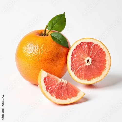 Grapefruit with a slice cut out, revealing pink interior