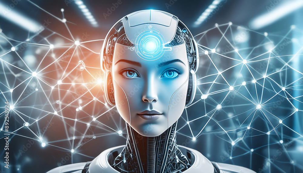 Artificial intelligence and machine learning, featuring symbols like a robot, neural networks Artificial intelligence and machine learning, featuring symbols like a robot, neural networks