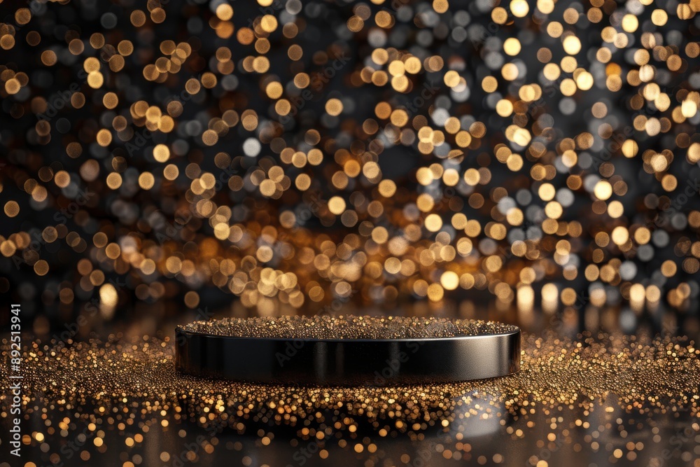 A sophisticated black pedestal set against a golden bokeh background, ideal for showcasing luxury products or special events.