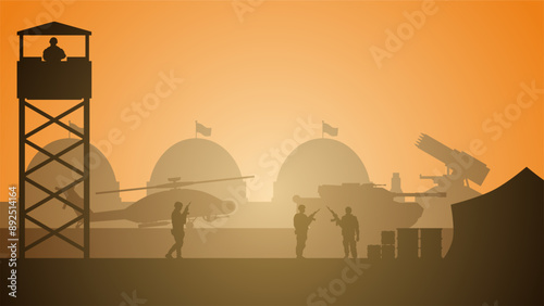 Landscape illustration of military base silhouette with armament