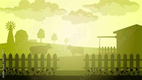 Landscape illustration of barn silhouette with cattle farm