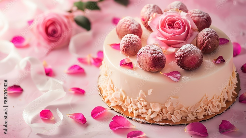 gourmet rose and lychee cake with pink rose petals and lychee fruit on a soft pink background, elegant and perfect for sophisticated events gourmet rose and lychee cake with pink rose petals and lychee fruit on a soft pink background, elegant and perfect for sophisticated events