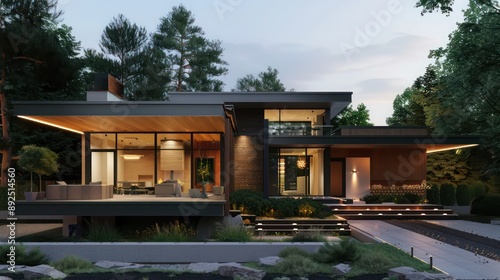 Modern suburban home with a clean, minimalist design, featuring an elevated porch and a hidden driveway