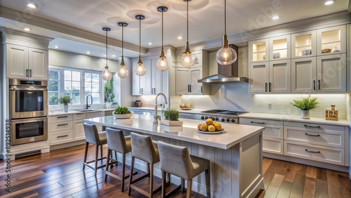 A newly renovated kitchen features a skilled electrician's handiwork, with sleek wiring and modern lighting fixtures perfectly balancing form and function in a stylish space.