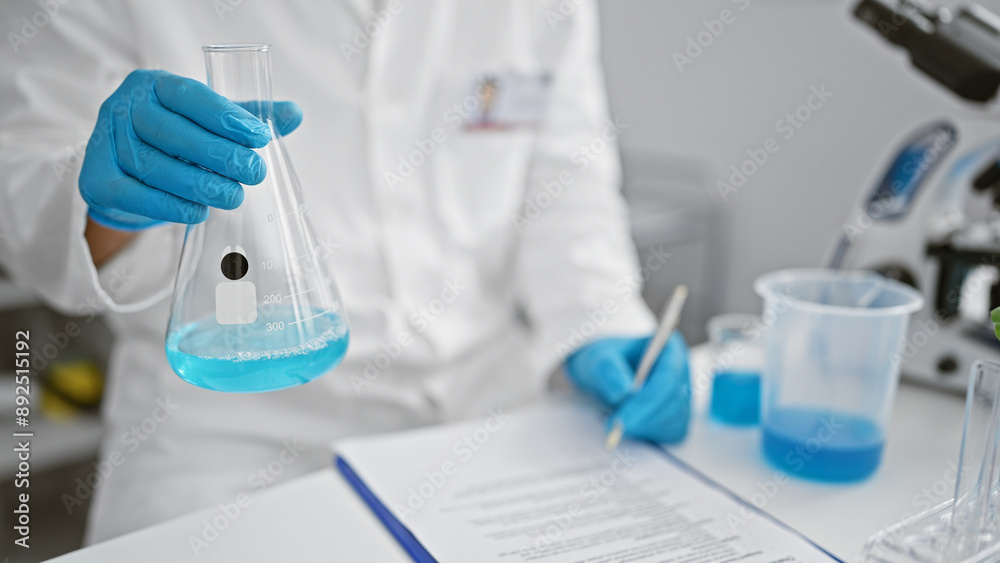 A scientist in a laboratory holds a flask with blue liquid, whilst taking notes, wearing a white coat and protective gloves. A scientist in a laboratory holds a flask with blue liquid, whilst taking notes, wearing a white coat and protective gloves.