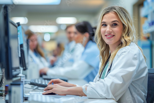 Hospital reception, receptionist sitting at desk with computer, professional aid and medical care.