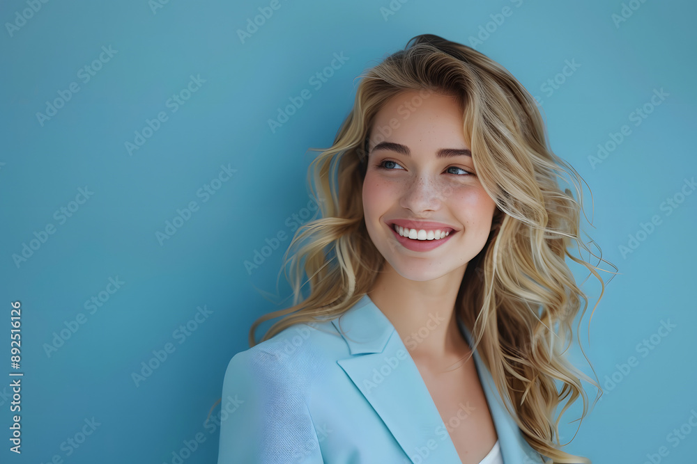 Young Businesswoman in Light Blue Suit with Clean Blue Wall Background Young Businesswoman in Light Blue Suit with Clean Blue Wall Background