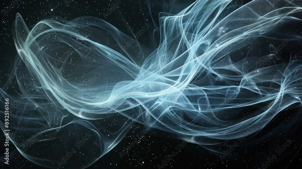 Ethereal threads of light blue and white, intertwining on a deep black background, creating a celestial space for text Ethereal threads of light blue and white, intertwining on a deep black background, creating a celestial space for text