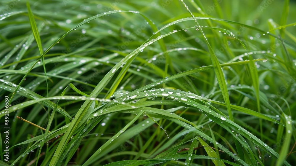 Dewdrops cling like diamonds to morning grass.