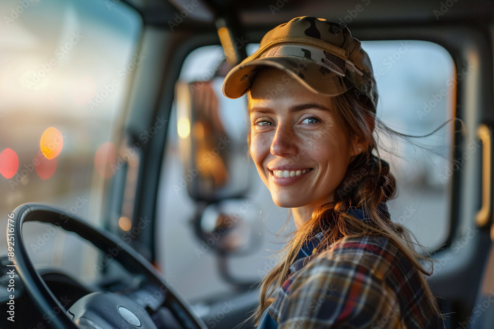 Truck driver woman, driving a large lorry, working in the logistics industry