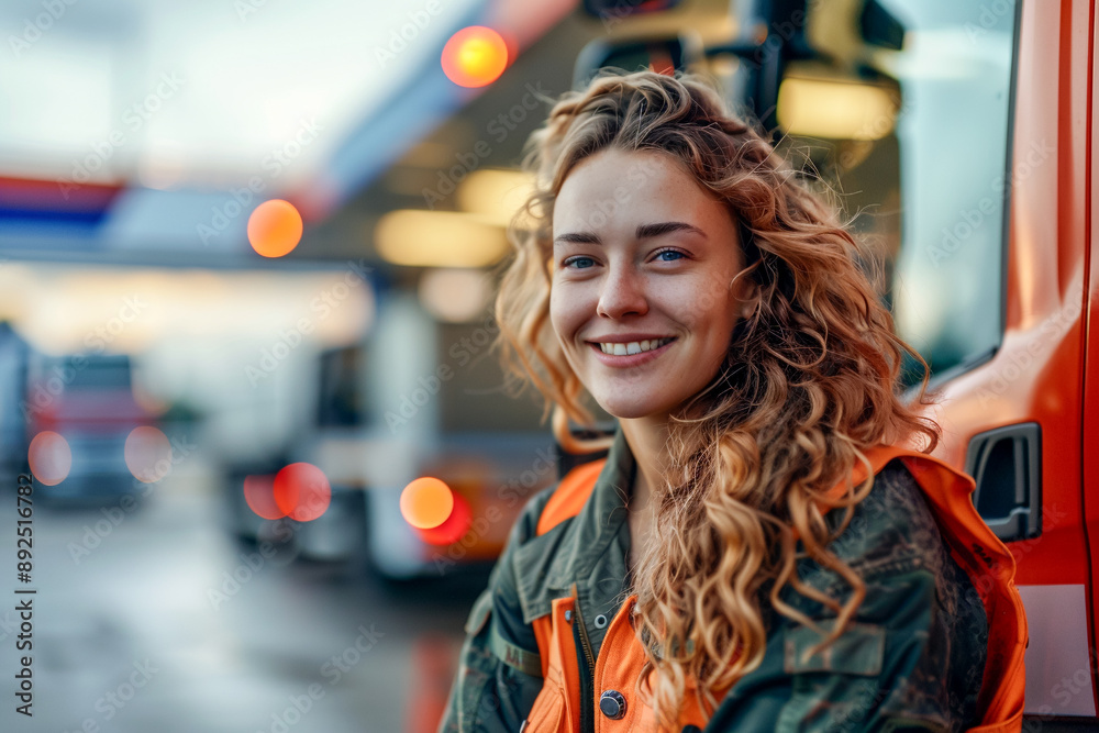 Truck driver woman, handling import and export, driving a freight truck Truck driver woman, handling import and export, driving a freight truck